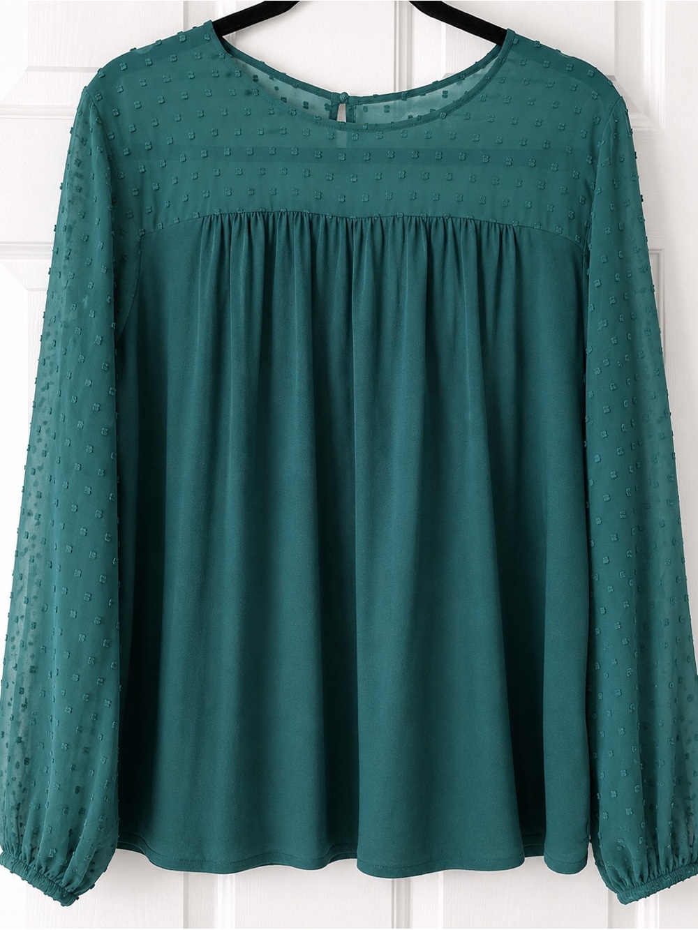 Boden Swiss Dot Mixed Media Blouse Teal Green Long Sleeve Top US 16 UK 20